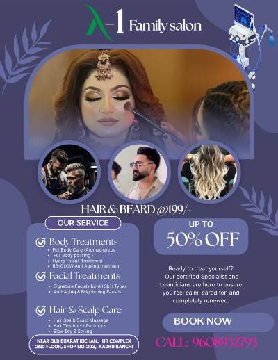 Best Hair and Skin Studio in Kadru Ranchi 9608932793 A-1 Family Salon & Academy